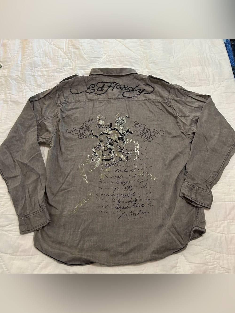 Ed Hardy Button Down Shirt Death Or Glory Mens XXL Gray Chain Embroidered Logo